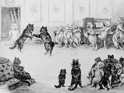 (Original Caption) Cats: A cat's party. Woodcut by Louis Wain, 1891.