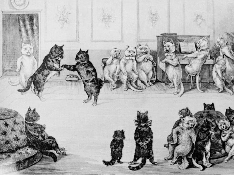 (Original Caption) Cats: A cat's party. Woodcut by Louis Wain, 1891.