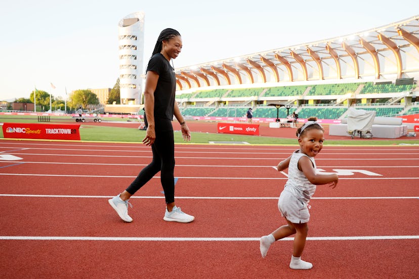 Allyson Felix celebrates with her daughter Camryn after day nine of the 2020 U.S. Olympic Track & Fi...