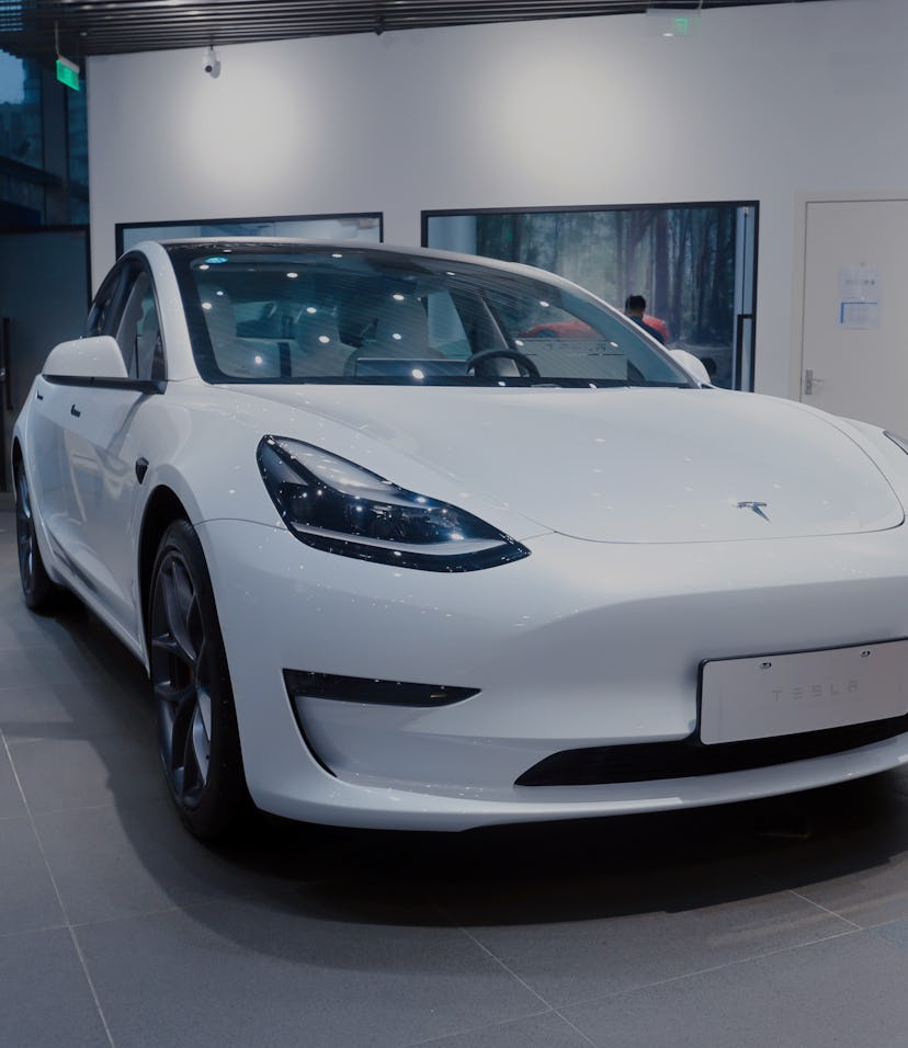 SHANGHAI, CHINA - MAY 7, 2021 - A new energy electric car is seen at Tesla's flagship store in Shang...