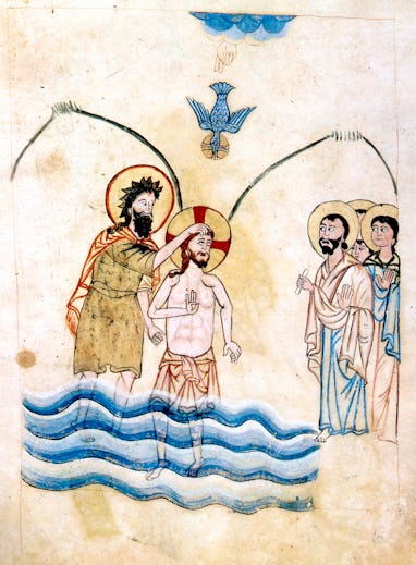 'The Baptism of Jesus by St John the Baptist', c1334. St John and Jesus, with his hand lifted in ble...