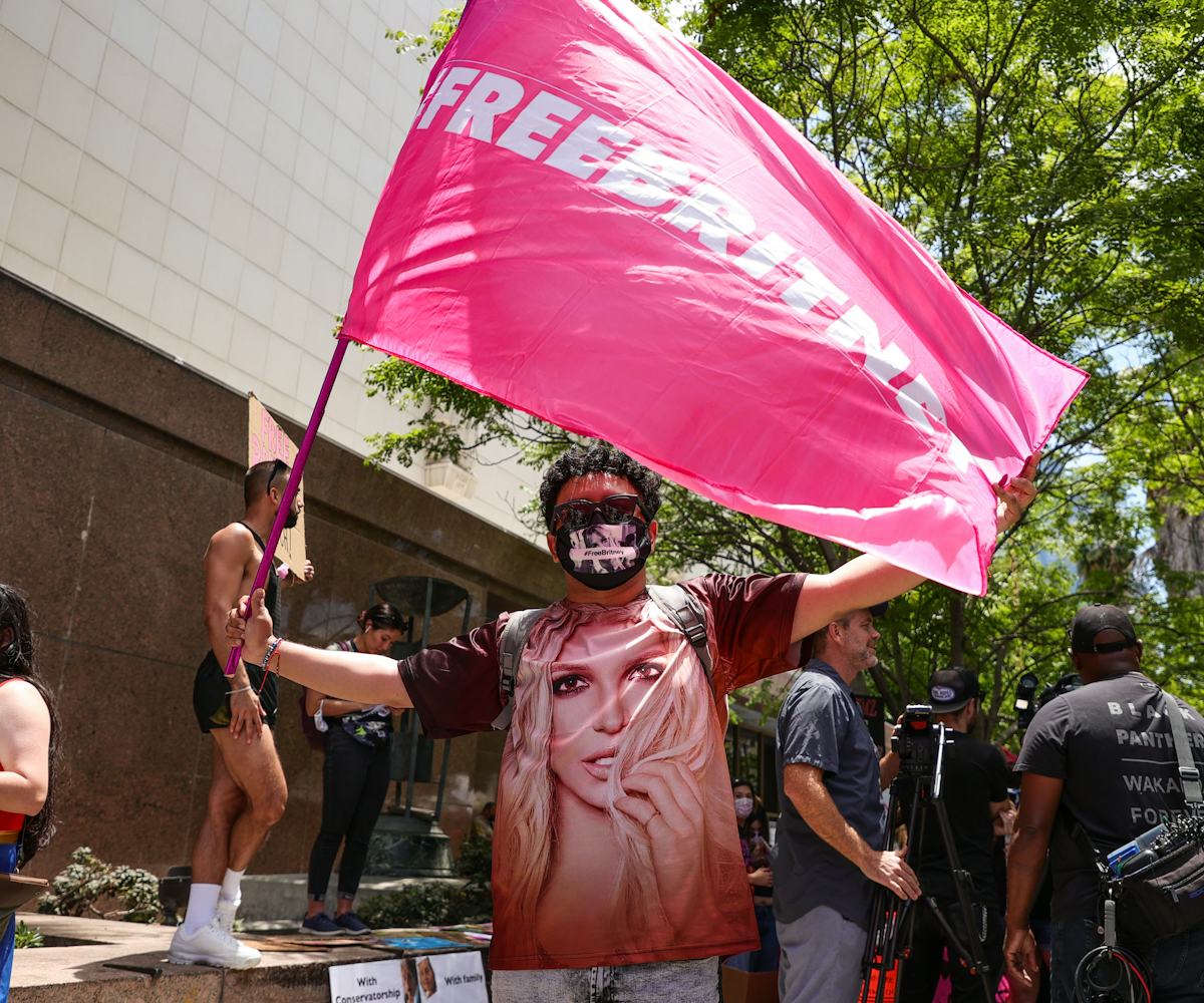 LOS ANGELES, CALIFORNIA - JUNE 23: #FreeBritney activists protest at Los Angeles Grand Park during a...