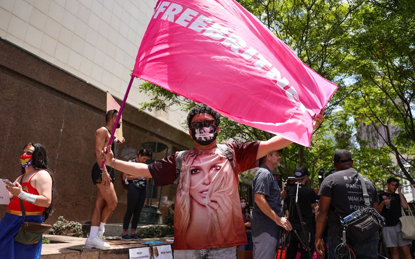 LOS ANGELES, CALIFORNIA - JUNE 23: #FreeBritney activists protest at Los Angeles Grand Park during a...