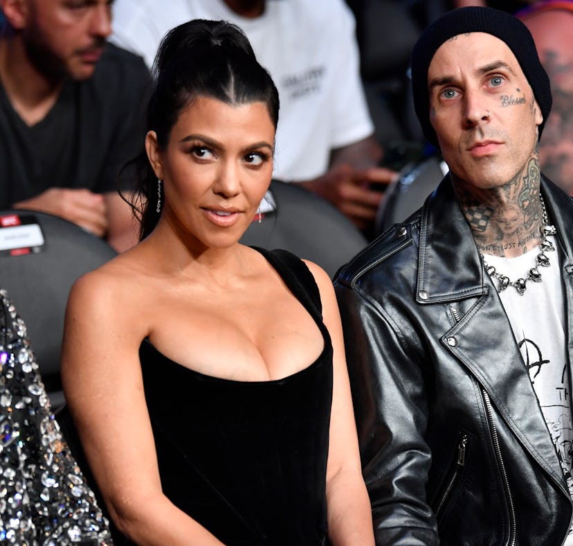 LAS VEGAS, NEVADA - JULY 10: Kourtney Kardashian and Travis Barker are seen in attendance during the...