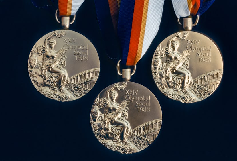 An Olympic Gold Medal awarded during the 1988 Olympic Games held in Seoul, South Korea. Team USA mem...