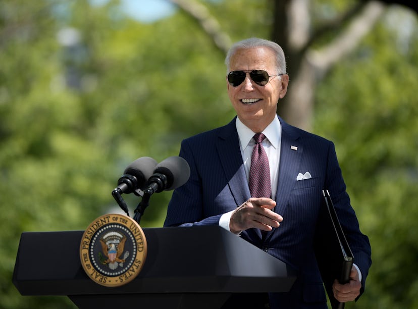 WASHINGTON, DC - APRIL 27: U.S. President Joe Biden speaks about updated CDC mask guidance on the No...