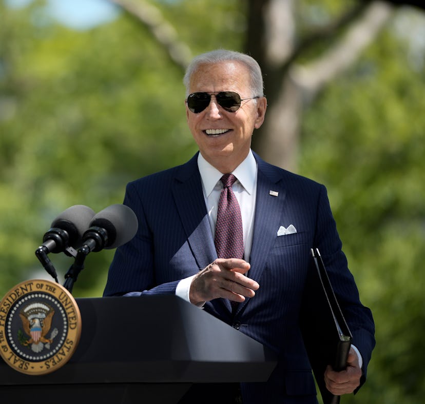 WASHINGTON, DC - APRIL 27: U.S. President Joe Biden speaks about updated CDC mask guidance on the No...
