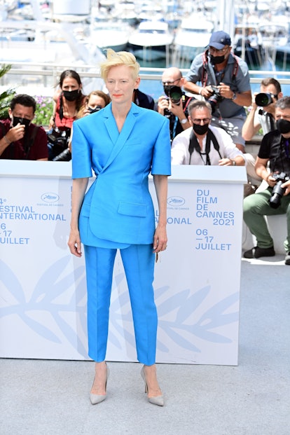 CANNES, FRANCE - JULY 13: Tilda Swinton attends the "The French Dispatch" photocall during the 74th ...