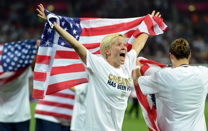 Megan Rapinoe shows excitement after gaining gold at the 2012 Olympics.