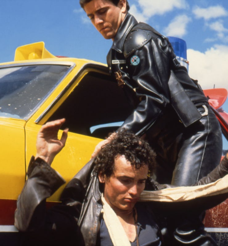 American actor Mel Gibson and English actor Hugh Keays-Byrne on the set of Mad Max written and direc...