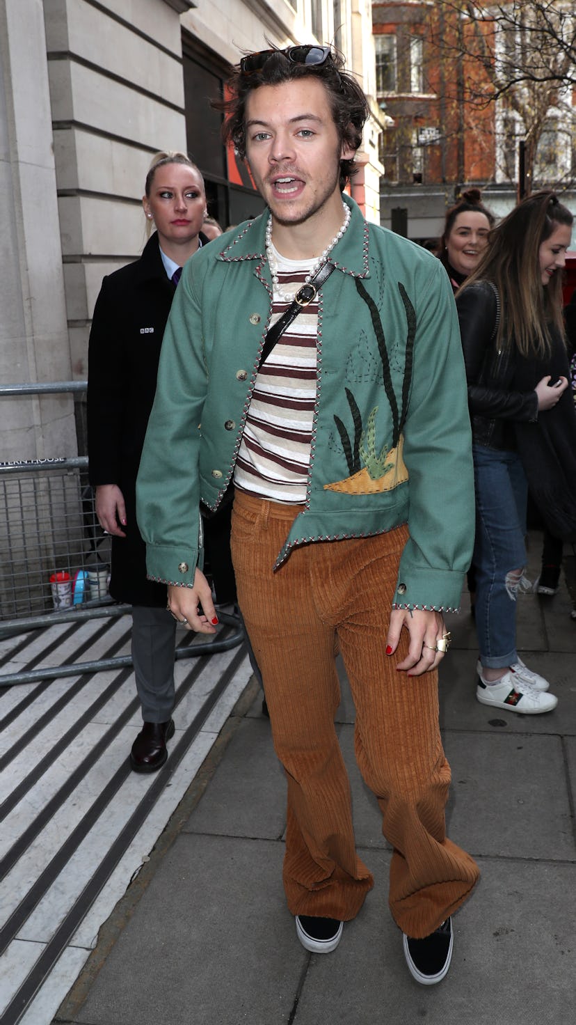 LONDON, ENGLAND - FEBRUARY 14:  Harry Styles leaving BBC Radio 2 on February 14, 2020 in London, Eng...