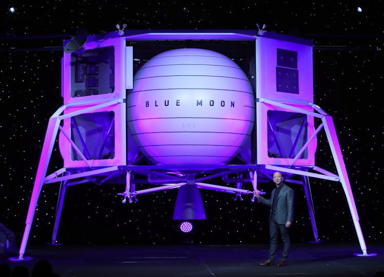 WASHINGTON, DC - MAY 09: Jeff Bezos, owner of Blue Origin, introduces a new lunar landing module cal...