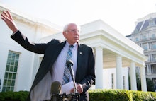 US Senator Bernie Sanders (I-VT), speaks to the media outside the West Wing of the White House in Wa...