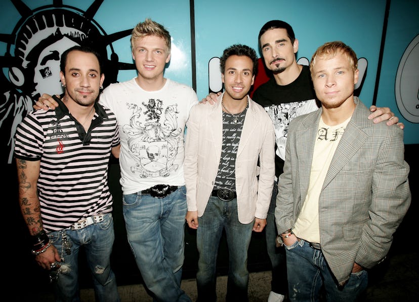 The Backstreet Boys attend a live recording of TRL to promote an album in the '90s.