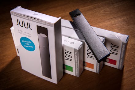 WASHINGTON, DC - MAY 2:
A Juul vaping system with accessory pods in varying flavors on May, 02, 2018...
