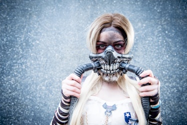LONDON, ENGLAND - OCTOBER 28:  A cosplayer in charcter as JColonel Joe Moore Immortan Joe from Mad M...