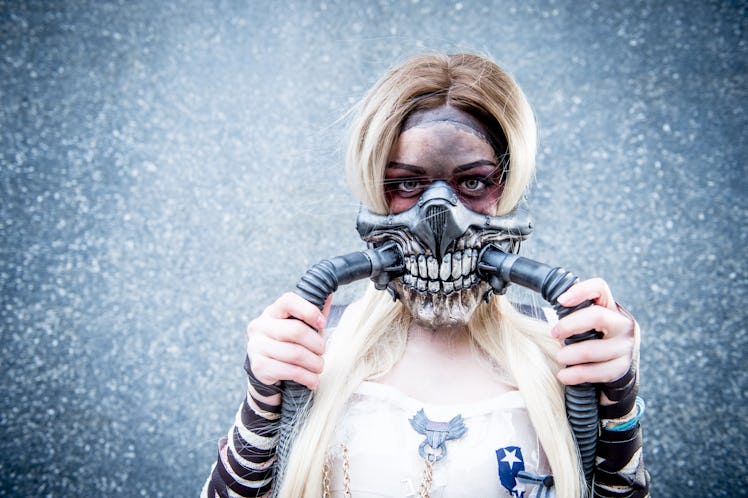 LONDON, ENGLAND - OCTOBER 28:  A cosplayer in charcter as JColonel Joe Moore Immortan Joe from Mad M...