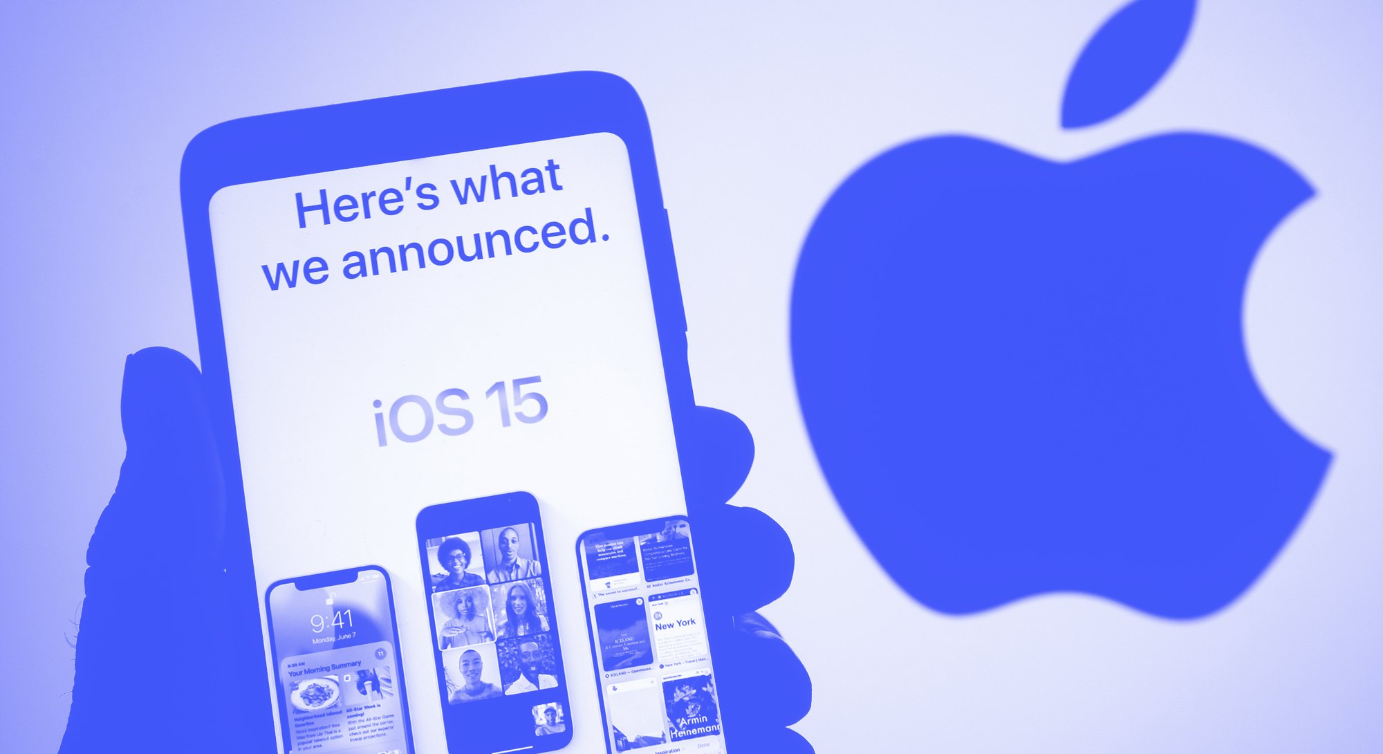 UKRAINE - 2021/06/07: In this photo illustration the iOS 15 logo on an Apple website seen displayed ...