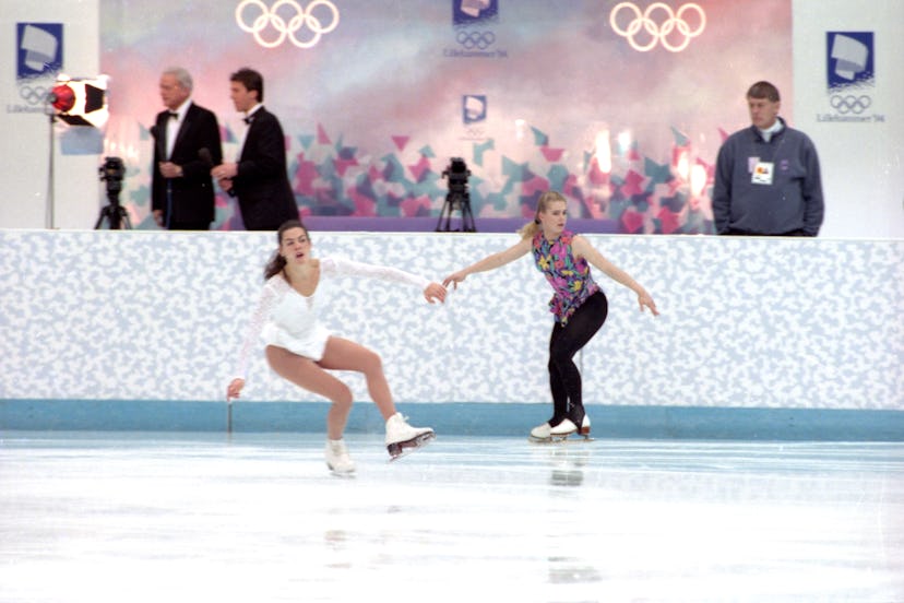 HAMAR - FEBRUARY 17: U.S.A. figure skaters Nancy Kerrigan, left, and Tonya Harding skate past one an...