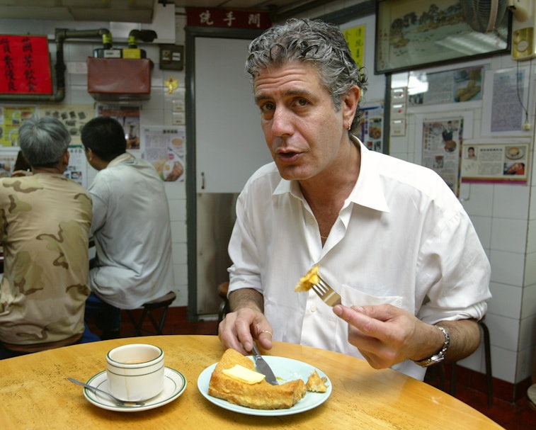 Celebrity chef Anthony Bourdain, who is in his Hong Kong food tour, tastes the Hong Kong-style Frenc...