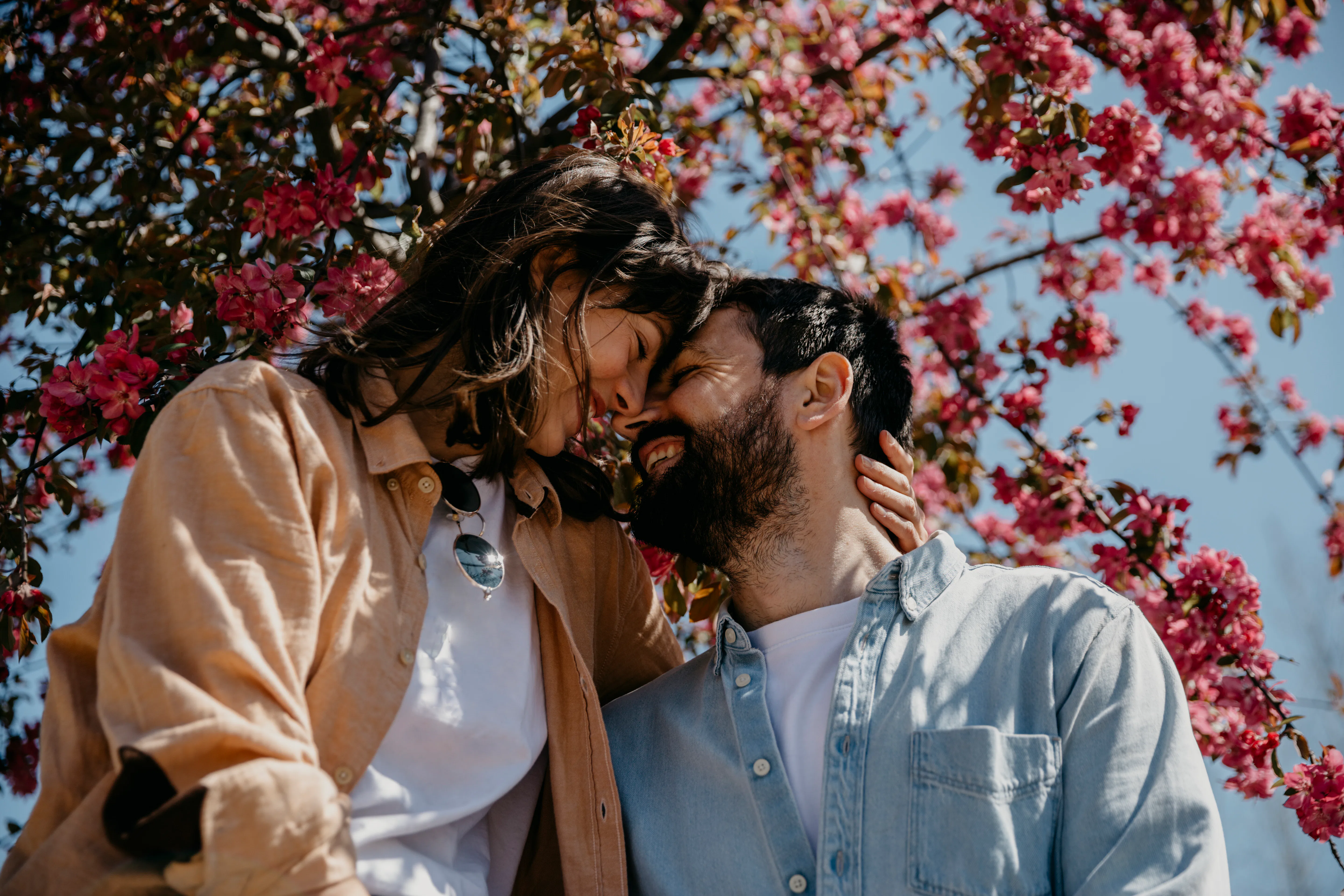 Cute young adult couple snuggling noses while enjoying under the tree, on a beautiful sunny day, wit...