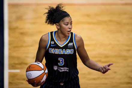 WASHINGTON, DC - MAY 15: Candace Parker #3 of the Chicago Sky reacts during the second half of the g...