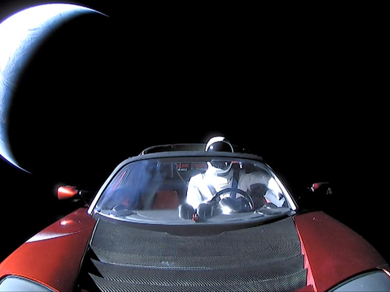 IN SPACE - FEBRUARY 8: In this handout photo provided by SpaceX, a Tesla roadster launched from the ...