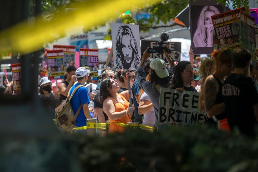 A crowd of about 150 people supporting Britney Spears  stood outside a courthouse, holding signs and...