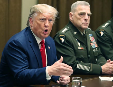 WASHINGTON, DC - OCTOBER 07: U.S. President Donald Trump speaks as Joint Chiefs of Staff Chairman, A...