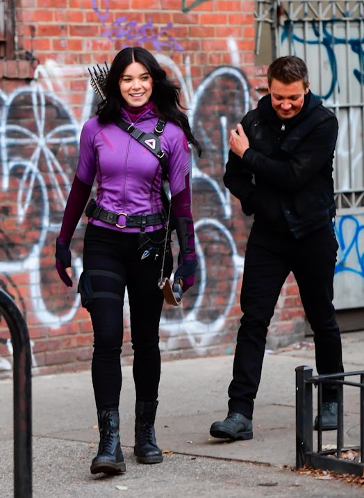 NEW YORK, NY - DECEMBER 08:  Hailee Steinfeld and Jeremy Renner seen on the set of 'Hawkeye' on the ...