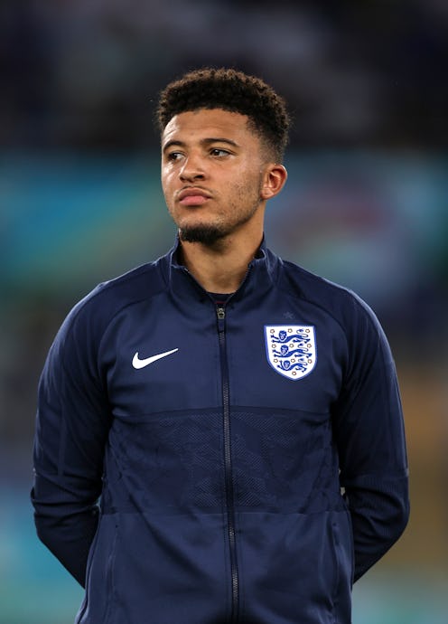 ROME, ITALY - JULY 03: Jadon Sancho of England lines up for the national anthem prior to the UEFA Eu...