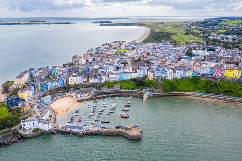 Aerial view of the colourful town of Tenby. (Photo by: HarrisDro/Loop Images/Universal Images Group ...