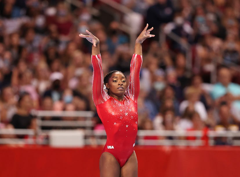 ST LOUIS, MISSOURI - JUNE 27: Simone Biles competes in the floor exercise during the Women's competi...