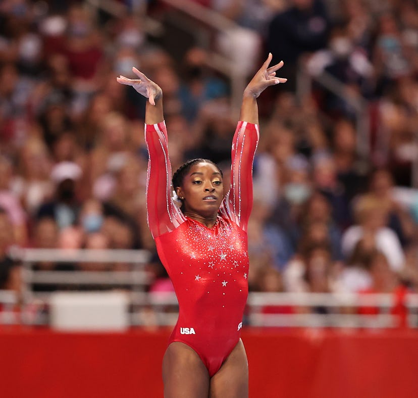 ST LOUIS, MISSOURI - JUNE 27: Simone Biles competes in the floor exercise during the Women's competi...