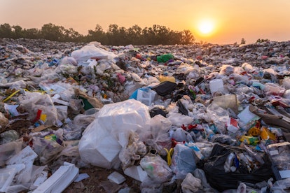 Garbage dump landscape of ecological damage contaminated land., plastic scrap in landfill, environme...