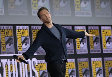 British actor Benedict Cumberbatch reacts on stage as the crowd sings Happy Birthday to him as he pr...