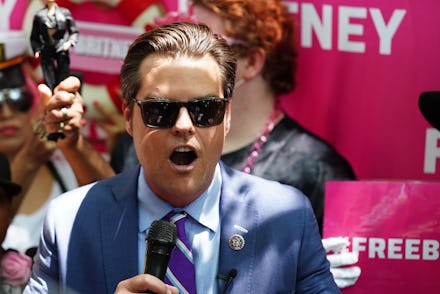 LOS ANGELES, CA - JULY 14:  Matt Gaetz at a 'Free Britney' Rally is seen on July 14, 2021 in Los Ang...