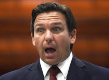 LAKELAND, FLORIDA, UNITED STATES - 2021/05/28: Florida Gov. Ron DeSantis reacts at a press conferenc...