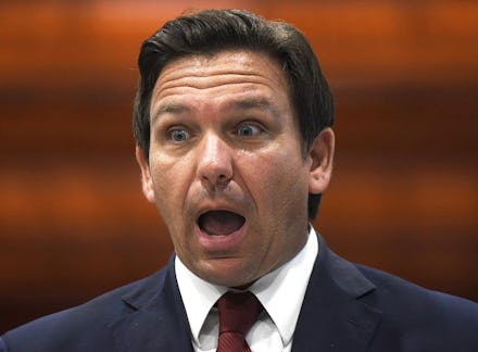 LAKELAND, FLORIDA, UNITED STATES - 2021/05/28: Florida Gov. Ron DeSantis reacts at a press conferenc...