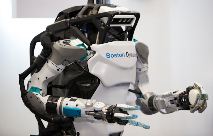 TOKYO, JAPAN - NOVEMBER 21:  Boston Dynamics Inc.'s Atlas humanoid robot is displayed during the Sof...