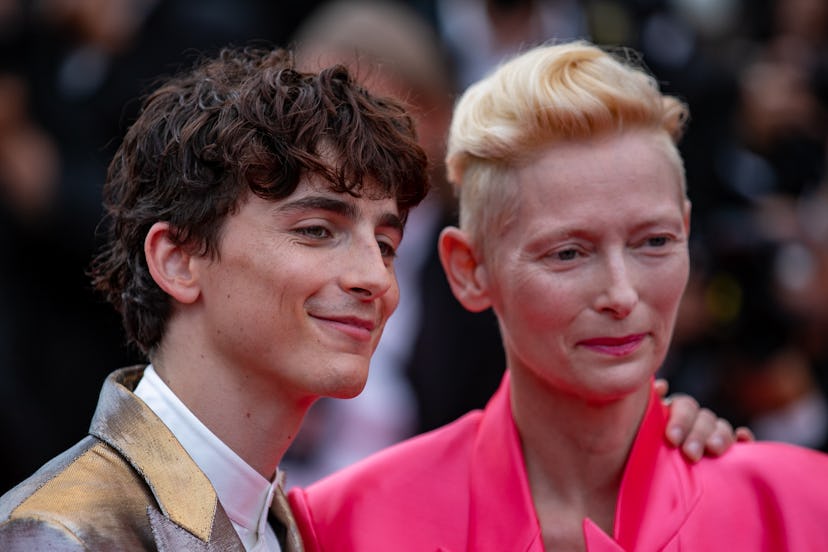 CANNES, FRANCE - JULY 12: (L-R) Timothee Chalamet and Tilda Swilton attend the "The French Dispatch"...