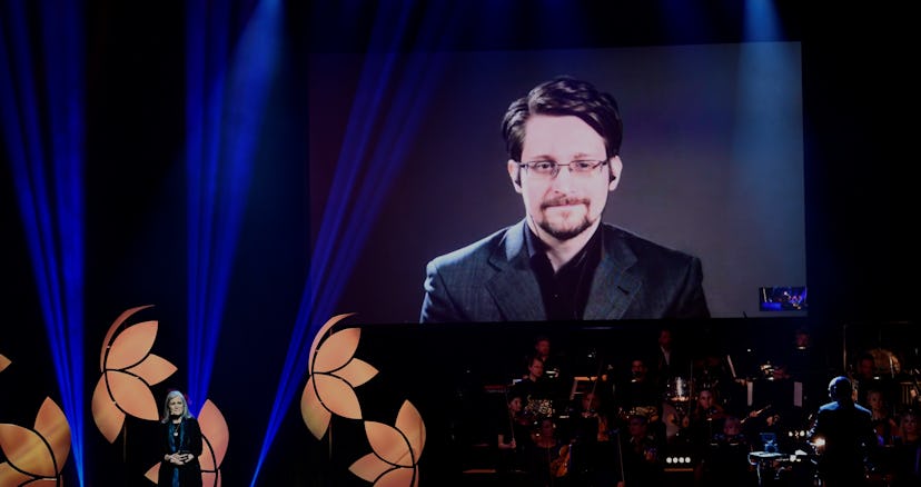 Former Right Livelihood laureate Edward Snowden speaks from a video screen during the 2019 Right Liv...
