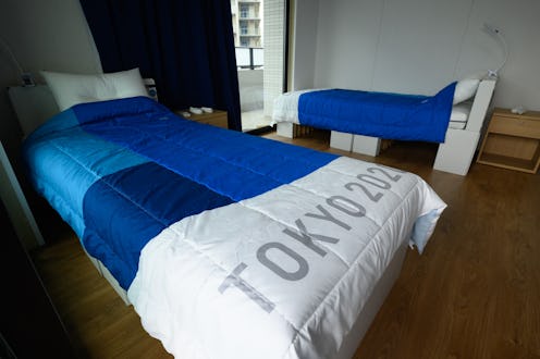 Recyclable cardboard beds and mattresses for athletes during a media tour at the Olympic and Paralym...
