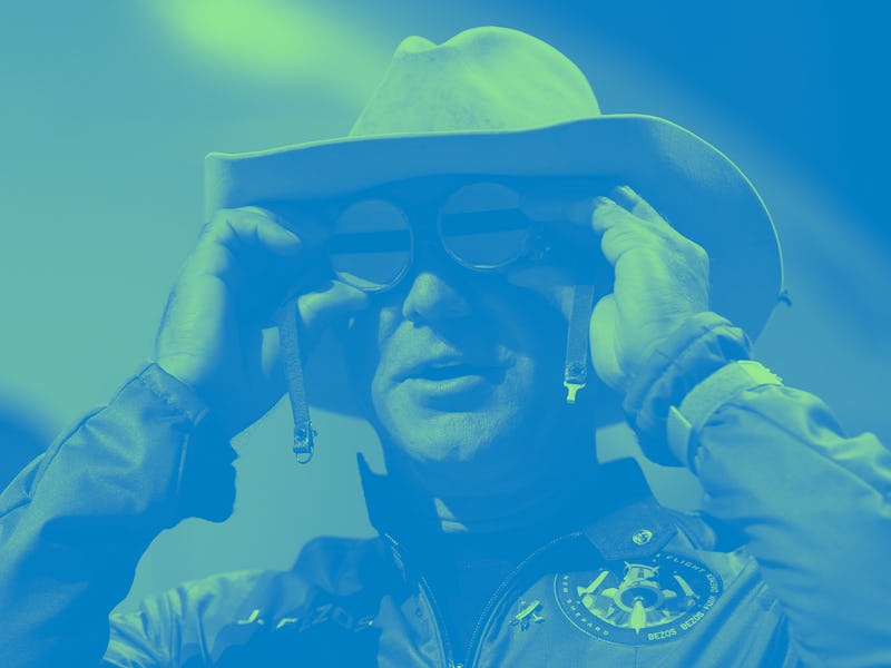 VAN HORN, TEXAS - JULY 20: Jeff Bezos holds the aviation glasses that belonged to Amelia Earhart as ...