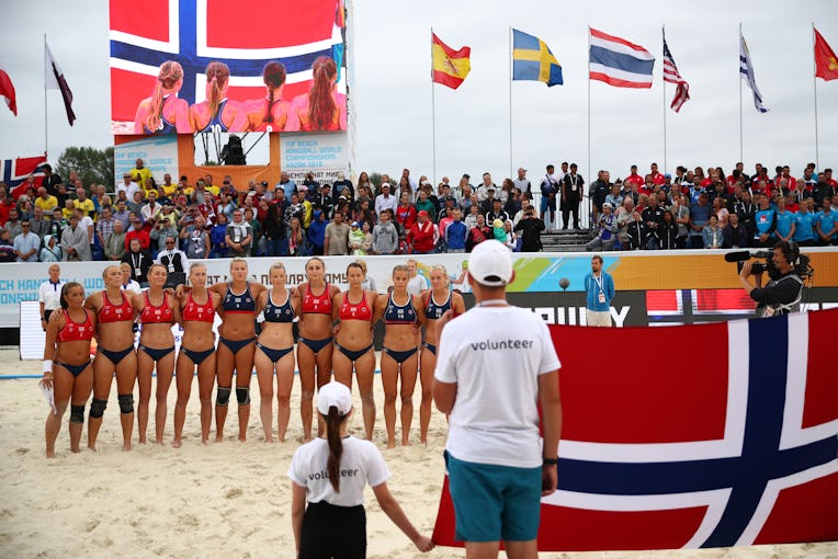 KAZAN, RUSSIA - JULY 29: Norway team line up during 2018 Women's Beach Handball World Cup final agai...