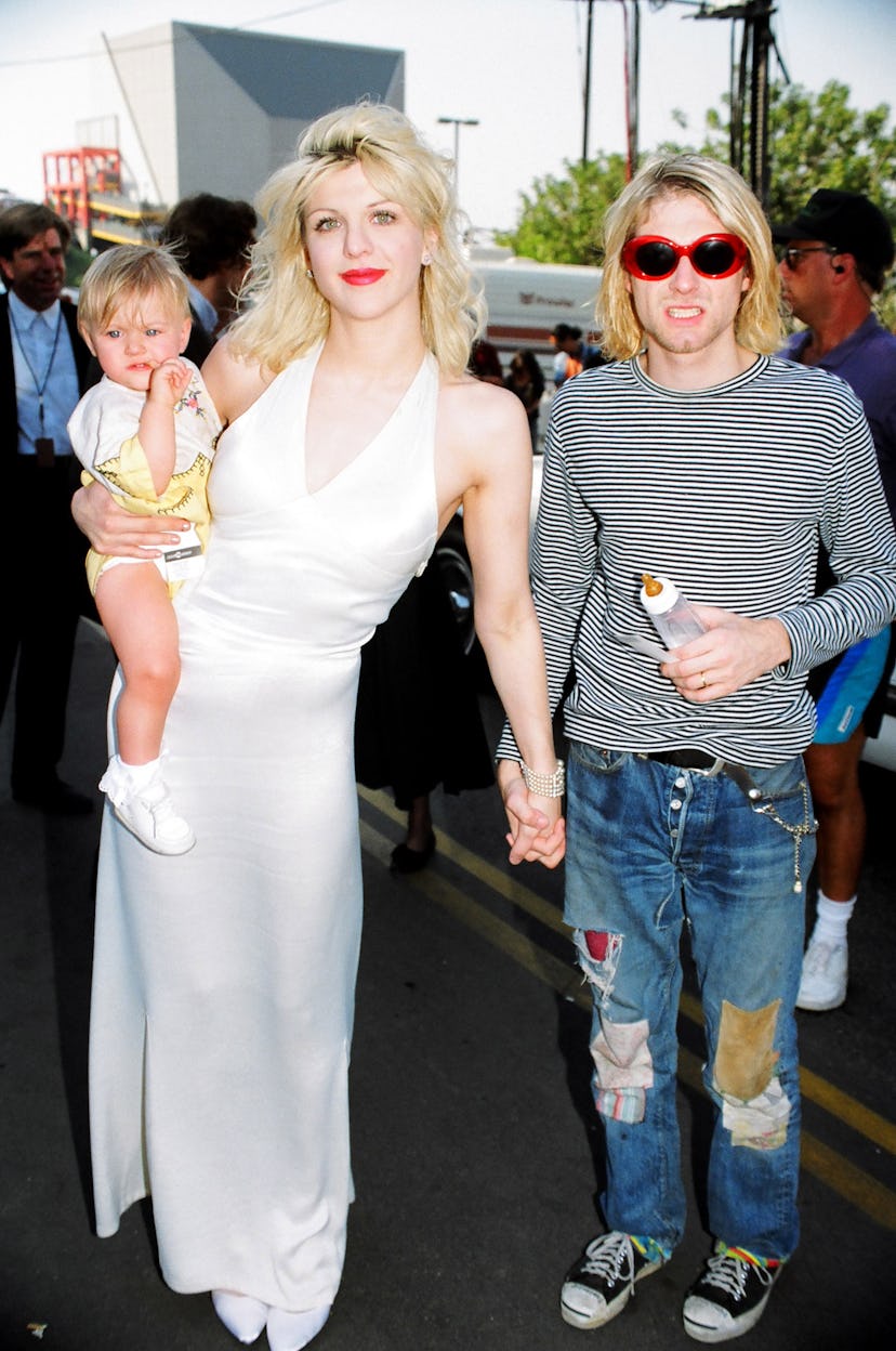 Courtney Love, Frances Bean Cobain, Kurt Cobain of Nirvana. (Photo by Jeff Kravitz/FilmMagic, Inc)