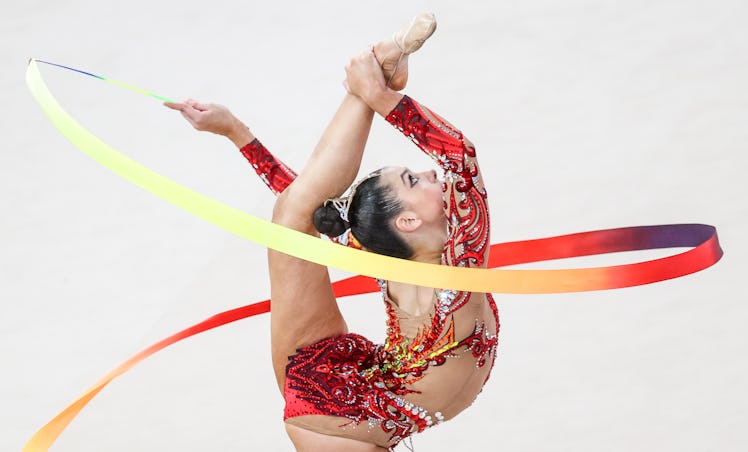 Athlete Lala Kramarenko of Russia performs her individual ribbon routine in the 2021 FIG Rhythmic Gy...