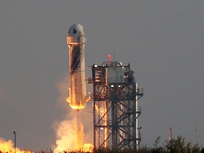 VAN HORN, TEXAS - JULY 20:  Blue Origin’s New Shepard lifts-off from the launch pad carrying Jeff Be...