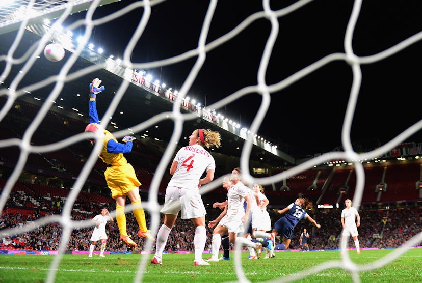 MANCHESTER, ENGLAND - AUGUST 06:  Alex Morgan of USA scores the winning goal during the Women's Foot...