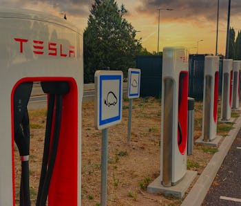 Tesla superchargers on a motorway rest area in France, (Var, France)